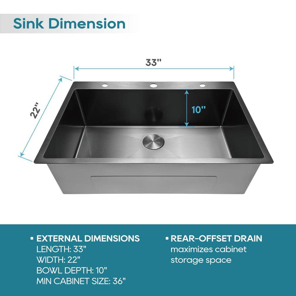 33" Gunmetal Black Stainless Steel Single Bowl Drop-In Kitchen Sink