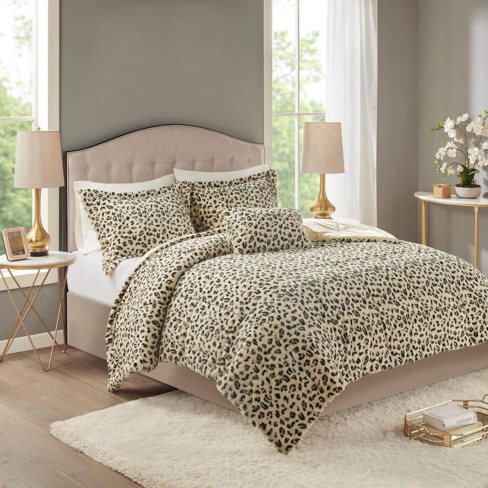 Madison Park Marselle 4 Piece Cheetah Animal Print Faux Fur Polyester Full Queen Comforter Set Mp10 7210 The Home Depot