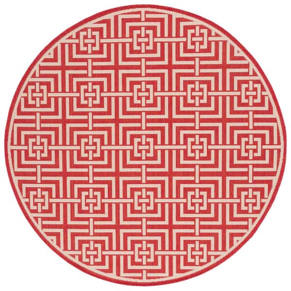 SAFAVIEH Beach House Red/Creme 7 ft. x 7 ft. Round Geometric Fretwork Indoor/Outdoor Area Rug