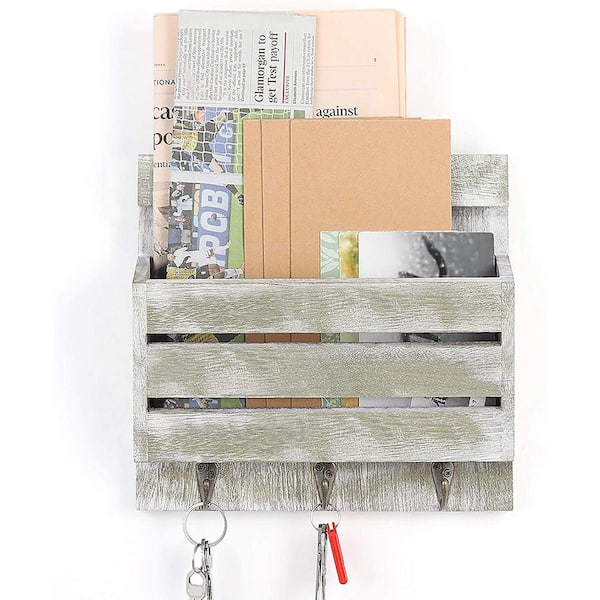 Oumilen Weathered Green Mail and Key Holder for Wall with 3-Key Hooks 1-Compartment Rustic Wall Mail Sorter with Shelf
