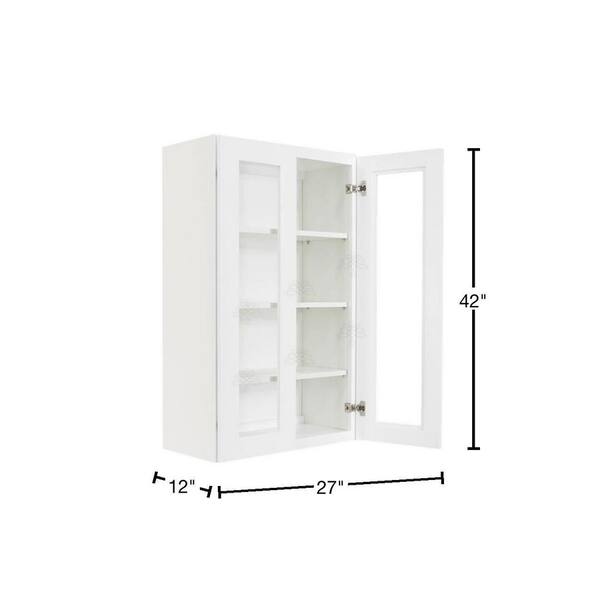 LIFEART CABINETRY Lancaster White Plywood Shaker Stock Assembled Wall Glass Door Kitchen Cabinet 27 in. W x 42 in. H x 12 in. D