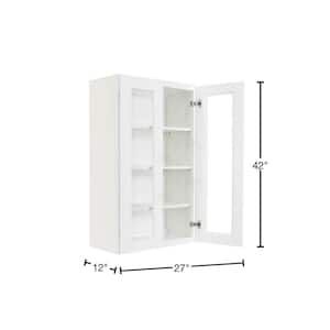 Lancaster White Plywood Shaker Stock Assembled Wall Glass Door Kitchen Cabinet 27 in. W x 42 in. H x 12 in. D