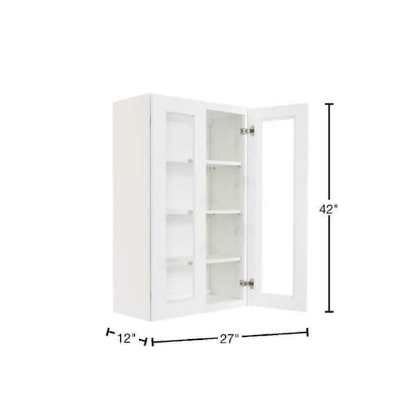 Lancaster White Plywood Shaker Stock Assembled Wall Glass Door Kitchen Cabinet 27 in. W x 42 in. H x 12 in. D