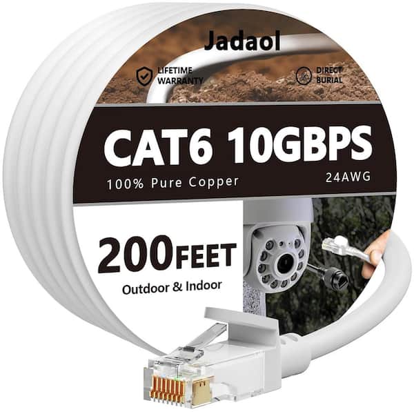 Lukyamzn 200 ft. Heavy-Duty Outdoor Cat 6 Unshielded Gold Plated Round Ethernet Cable - White