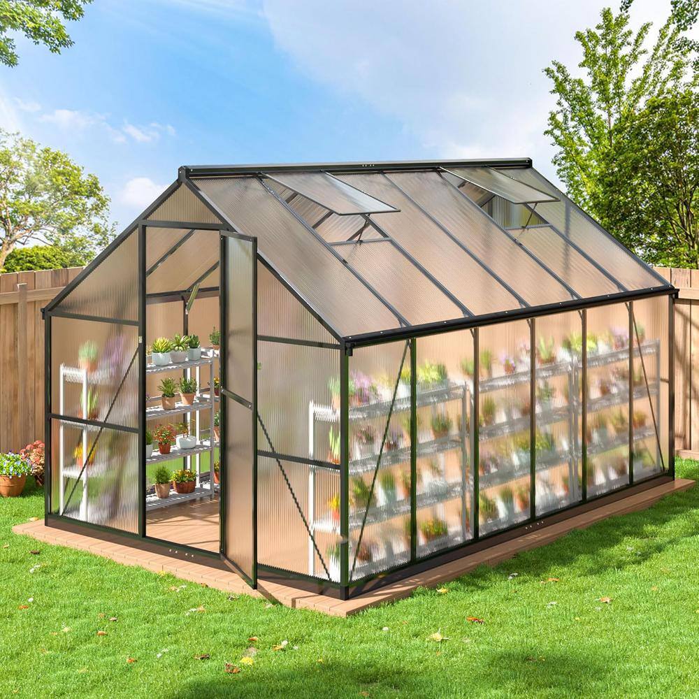 VIWAT 8 ft. W x 12 ft. D Polycarbonate Walk-in Greenhouse For Outdoors with Quick Setup Structure and Roof Vent, Black