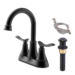 4 in. Centerset Double Handle High Arc Bathroom Faucet Combo Kit Included Pop-Up Drain and Supply Hoses in Matte Black