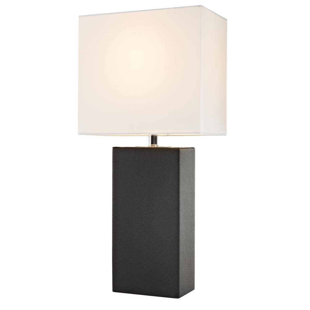Modern Black Leather Rectangular Table Lamp with White Fabric Shade