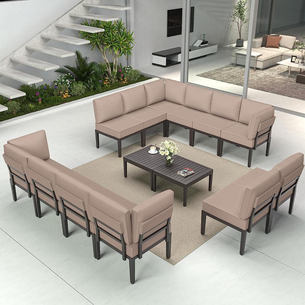 14-Piece Sand Iron Patio Sectional Set with Cushions