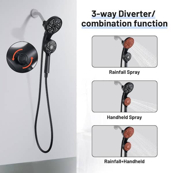 High Pressure 2-in-1 6-Spray Patterns with 2.5 GPM Wall Mount Dual Shower Heads and Handheld Shower Head in Black