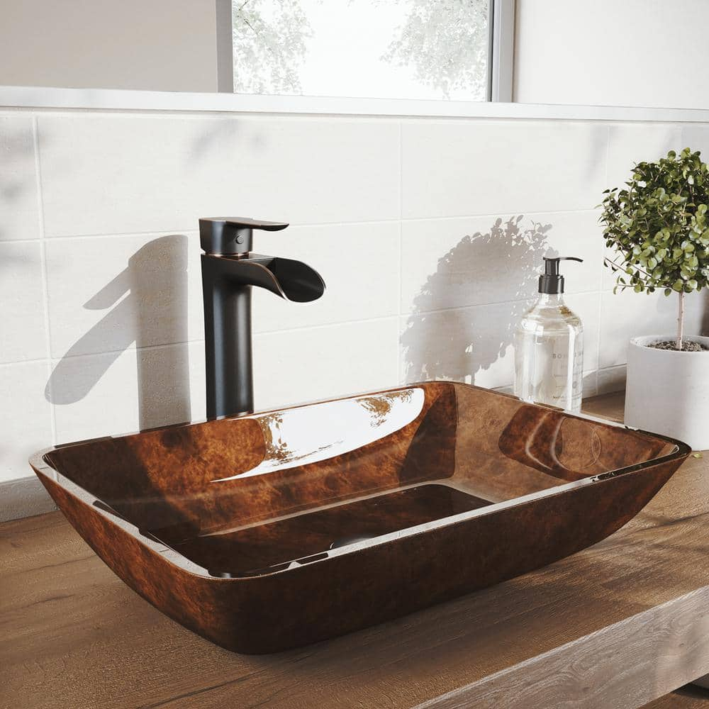 VIGO Glass Rectangular Vessel Bathroom Sink in Red/Brown Fusion with Niko Faucet and Pop-Up Drain in Antique Rubbed Bronze