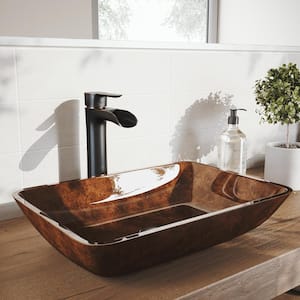 Glass Rectangular Vessel Bathroom Sink in Red/Brown Fusion with Niko Faucet and Pop-Up Drain in Antique Rubbed Bronze