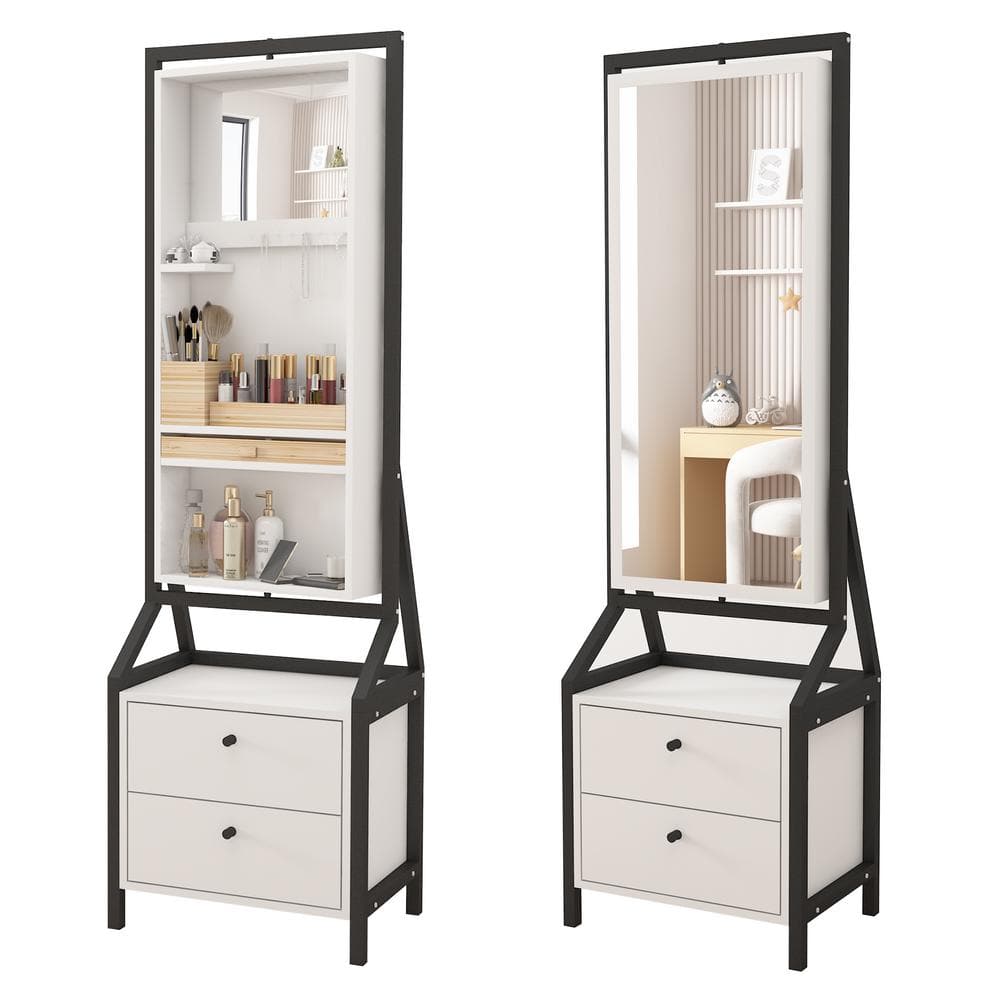 White MDF 360° Swivel Jewelry Armoire and Makeup Mirror Cabinet With 2 Bot