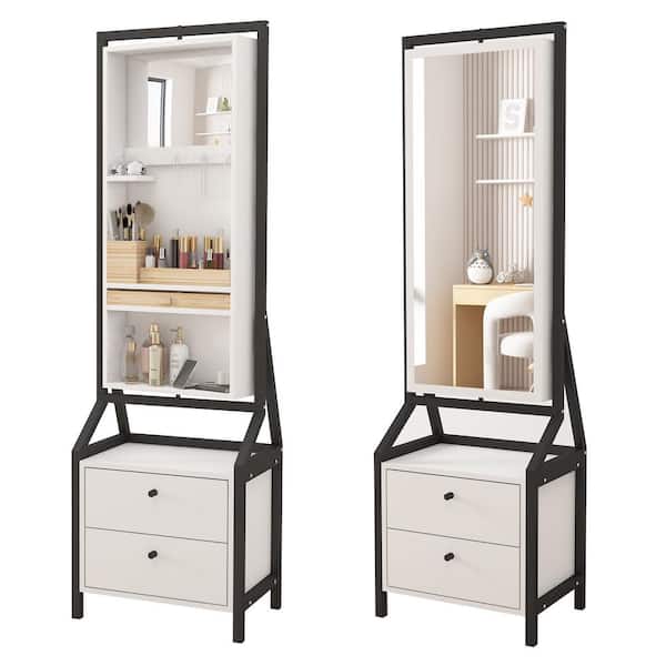 Unbranded White MDF 360° Swivel Jewelry Armoire and Makeup Mirror Cabinet With 2 Bottom Drawer, Rotates Freely