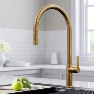 Oletto High-Arc Single-Handle Pull-Down Sprayer Kitchen Faucet in Brushed Brass