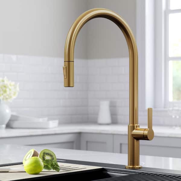 Oletto High-Arc Single-Handle Pull-Down Sprayer Kitchen Faucet in Brushed Brass