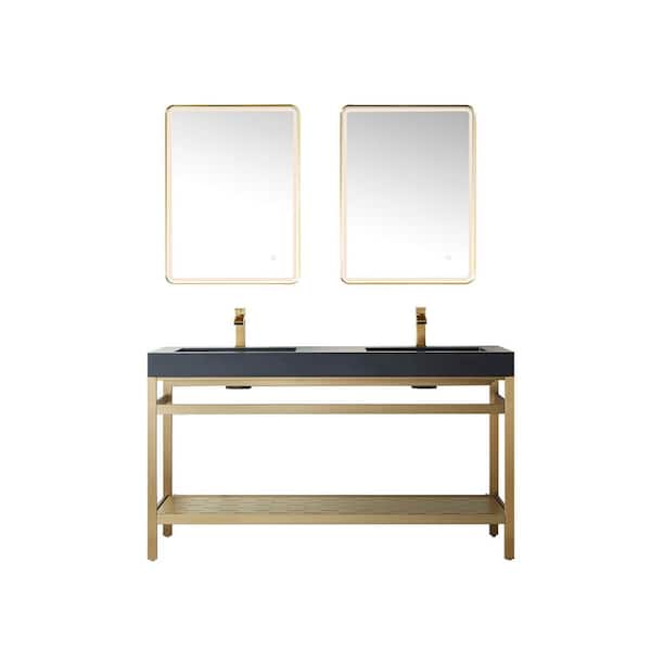 ROSWELL Ablitas 60 in. W x 20 in. D x 34 in. H Double Sink Bath Vanity in Brushed Gold with Black Composite Stone Top and Mirror