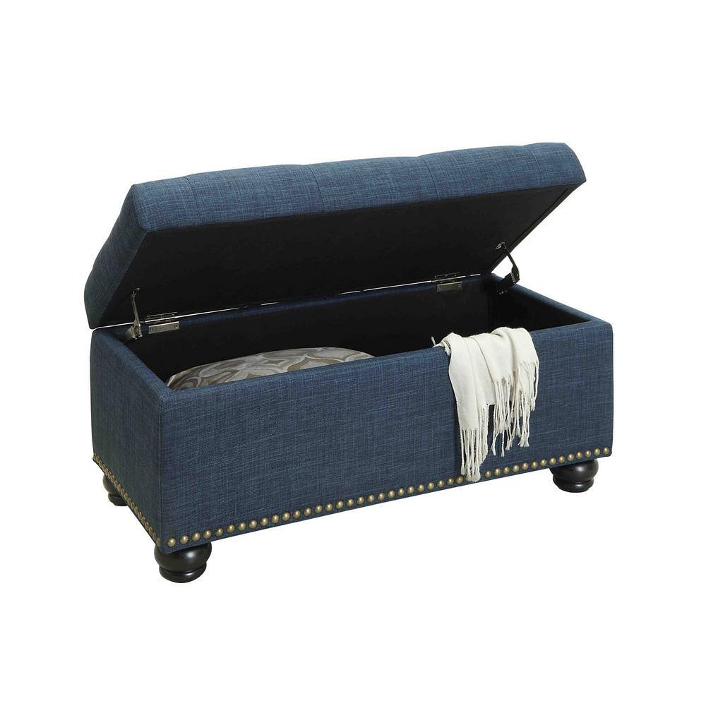 Elegant Blue Velvet Tufted Footstool with Nailhead Trim and Storage
