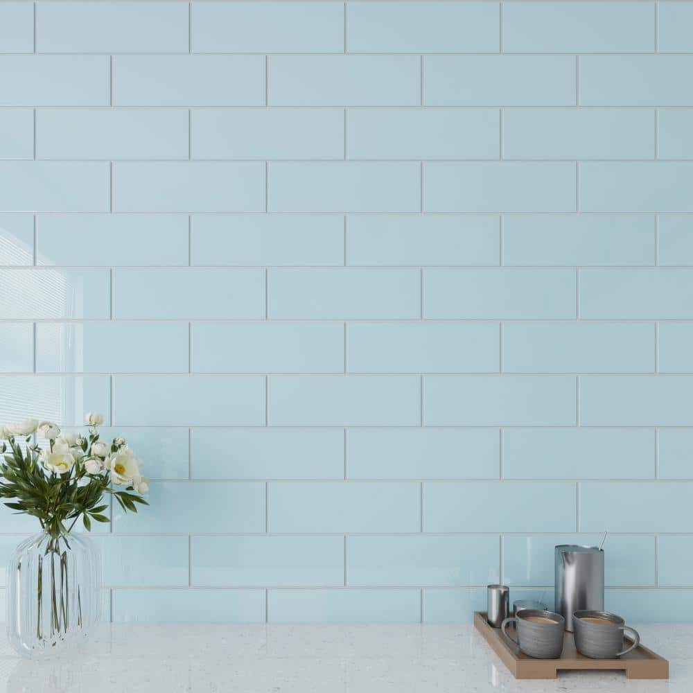 Giorbello Morning Sky Blue 4 In X 12 In X 8mm Glass Subway Wall Tile 5 Sq Ft Case G4144