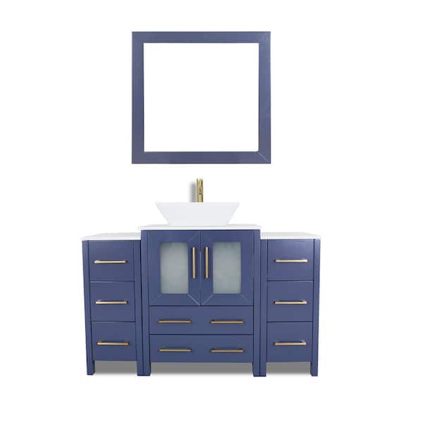 Vanity Art Ravenna 48 in. W Single Basin Bathroom Vanity in Blue with White Top in Engineered Marble Top and Mirror