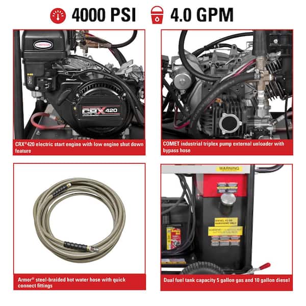 4000 PSI 4.0 GPM Hot Water Gas Pressure Washer with CRX420 Engine & COMET  Pump