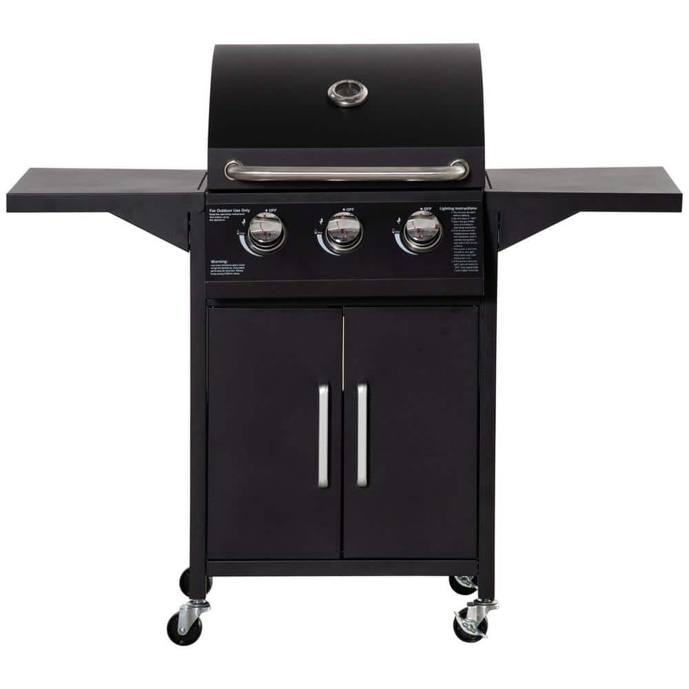 Outdoor 3 Burner Gas Grill, Propane, Portable Smoker in Black with Wheels, Warming Rack