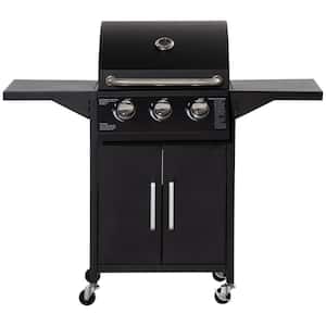 Outdoor 3 Burner Gas Grill, Propane, Portable Smoker in Black with Wheels, Warming Rack