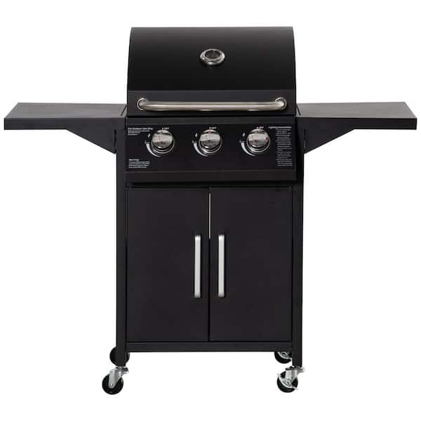 Outsunny Outdoor 3 Burner Gas Grill, Propane, Portable Smoker in Black with Wheels, Warming Rack