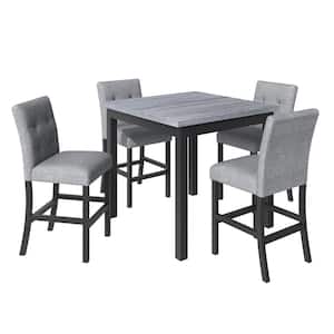 5-Piece Black Wood Dining Set with 4-Gray Upholstered Chairs