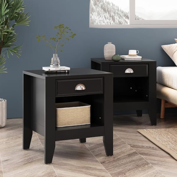 Noble House Bellic 1-Drawer Black Nightstand (2-Pack) 24.4 in. x 21 in. x 19 in.