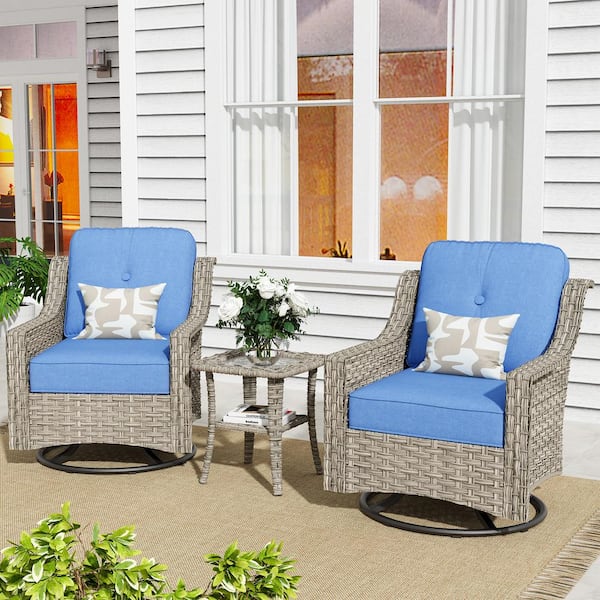 Toject Eureka Grey 3-Piece Wicker Outdoor Patio Conversation Swivel Rocking Chair Seating Set with Blue Cushions
