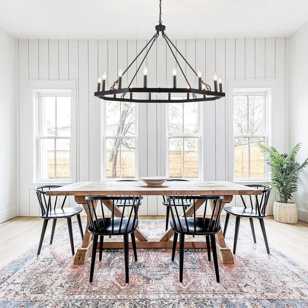 Black Metal 43-Inch Wagon Wheel Candle Chandelier