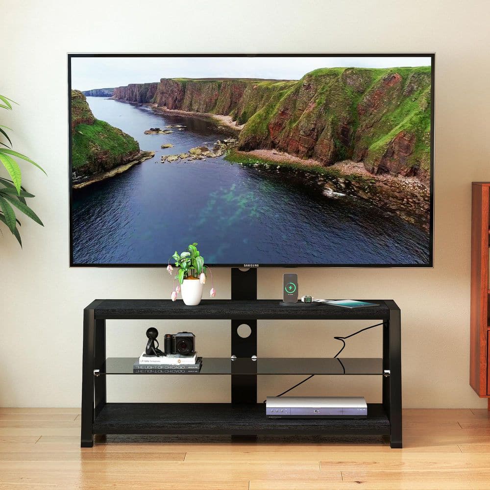 Black Glass and MDF TV Mount with Outlets for 32-65 in. TVs, Height Adjustable TV Stand, 180 lbs. Weight Capacity