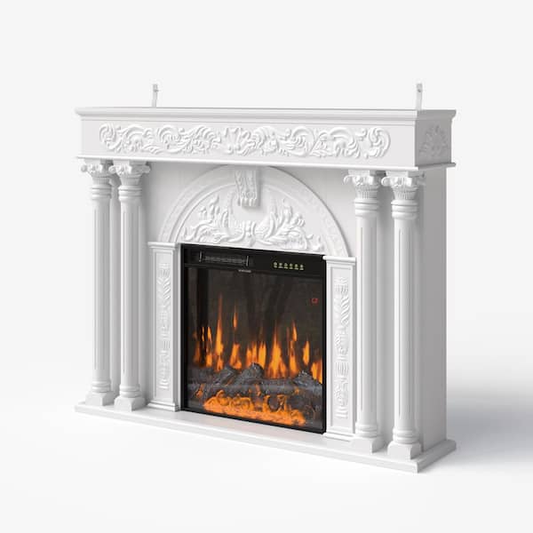 55.1 in. Freestanding Wood Electric Fireplace Mantel Package with 23.6 in. Insert, Solid Wood Columns, White