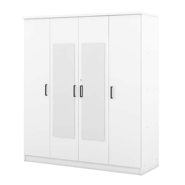 White Wood 59.2 in. 4 Door Wardrobe Armoire with Mirror 1 Drawer 10 Storage Shelves and 1 Hanging Rail