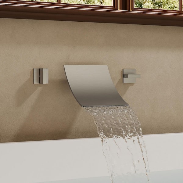 GRANDJOY Wide Waterfall Double Handle 6 in. Wall-Mounted 1-Spray Tub and Shower Faucet 6.6 GPM in. Brushed Nickel Valve Included