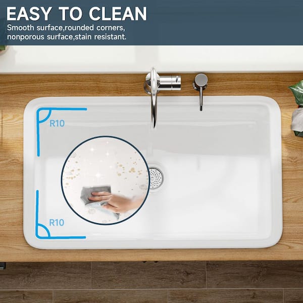 Kuomih White Fireclay 32 in. Single Bowl Undermount/Drop-In
