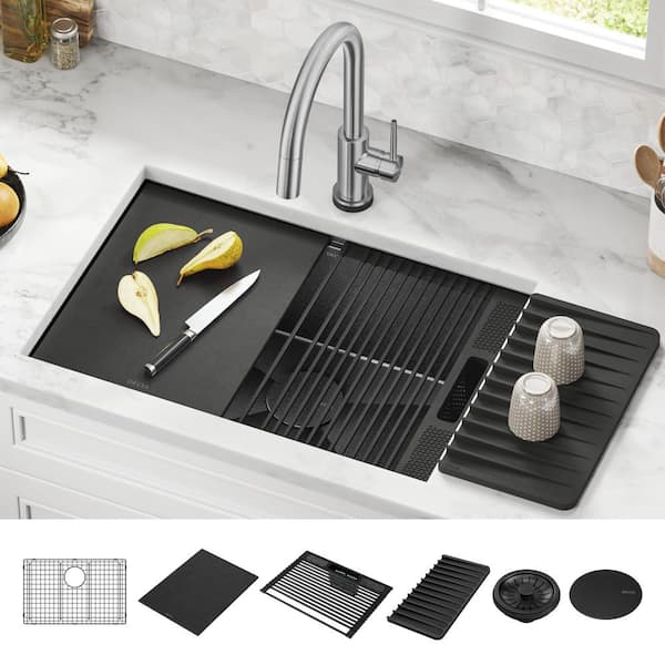 Rivet 16 Gauge Black Stainless Steel 27 in. Single Bowl Undermount Workstation Kitchen Sink in PVD Gunmetal Finish