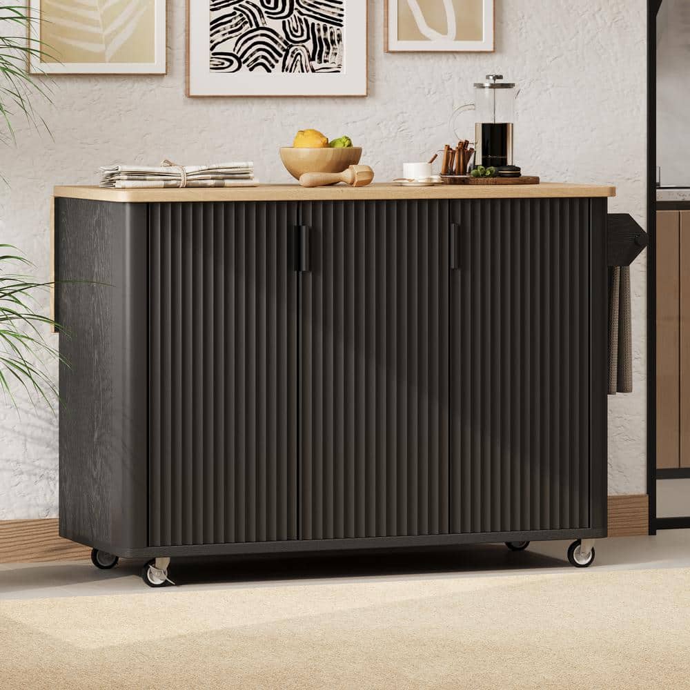 Farmhouse Black Wood MDF 51 in. W Fluted Kitchen Island with Drop Leaf and 