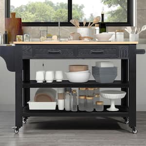 Black MDF Kitchen Cart with Solid OAK Wood Top and 2 Drawers