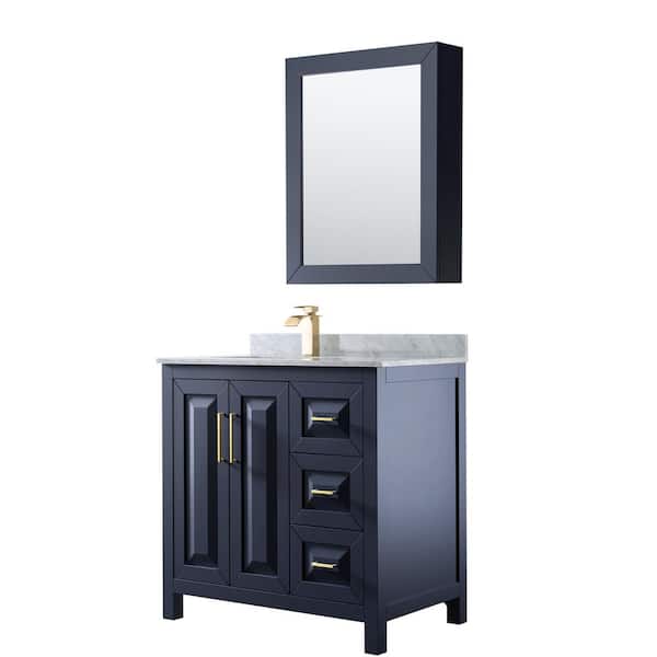 Wyndham Collection Daria 36 in. Single Vanity in Dark Blue with Marble Vanity Top in White Carrara with White Basin and MedCab Mirror