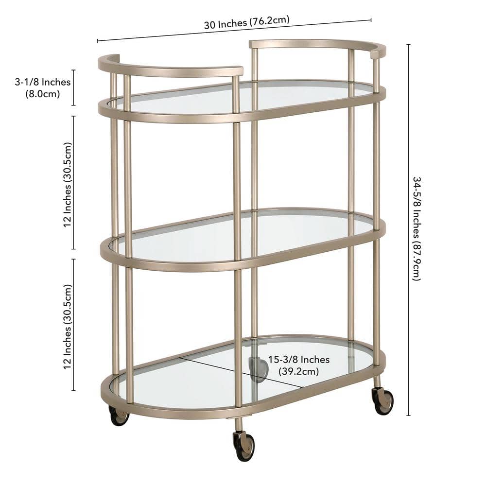 Evelyn&Zoe Satin Nickel Oval Bar Cart with Tempered Glass Shelves