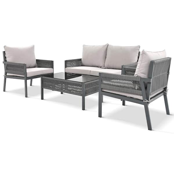 Angel Sar 4-Piece Woven Rope Patio Conversation Set Deep Seating with Tempered Glass Table and Thick Cushion, Gray