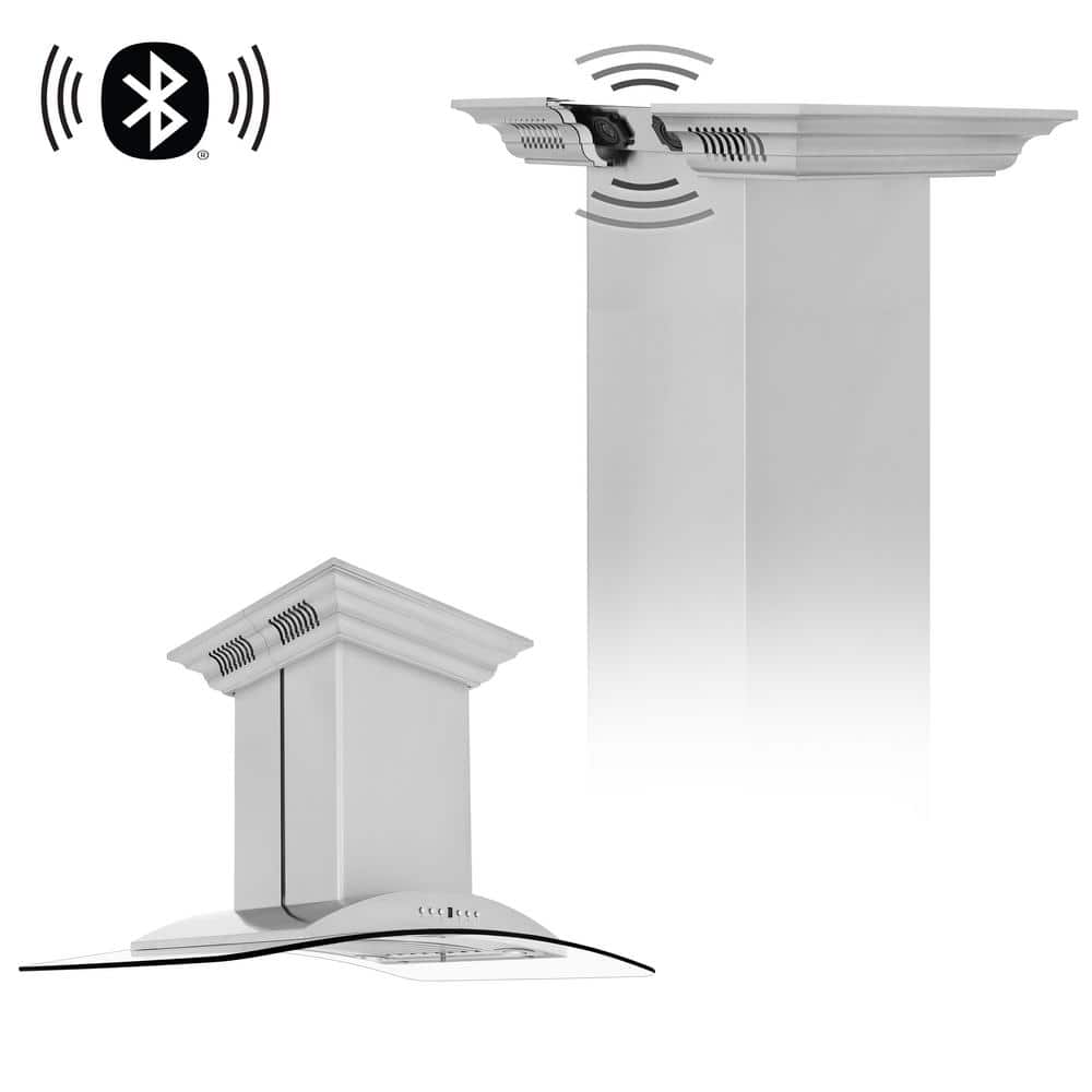 36 in. 400 CFM Ducted Island Mount Range Hood in Stainless Steel and Glass with Built-In CrownSound Bluetooth Speakers