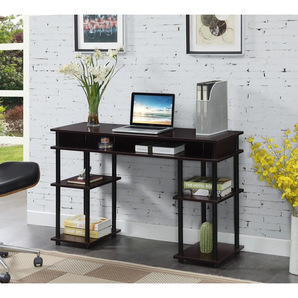 Espresso Wood and Black Metal 48" Student Desk with Shelves
