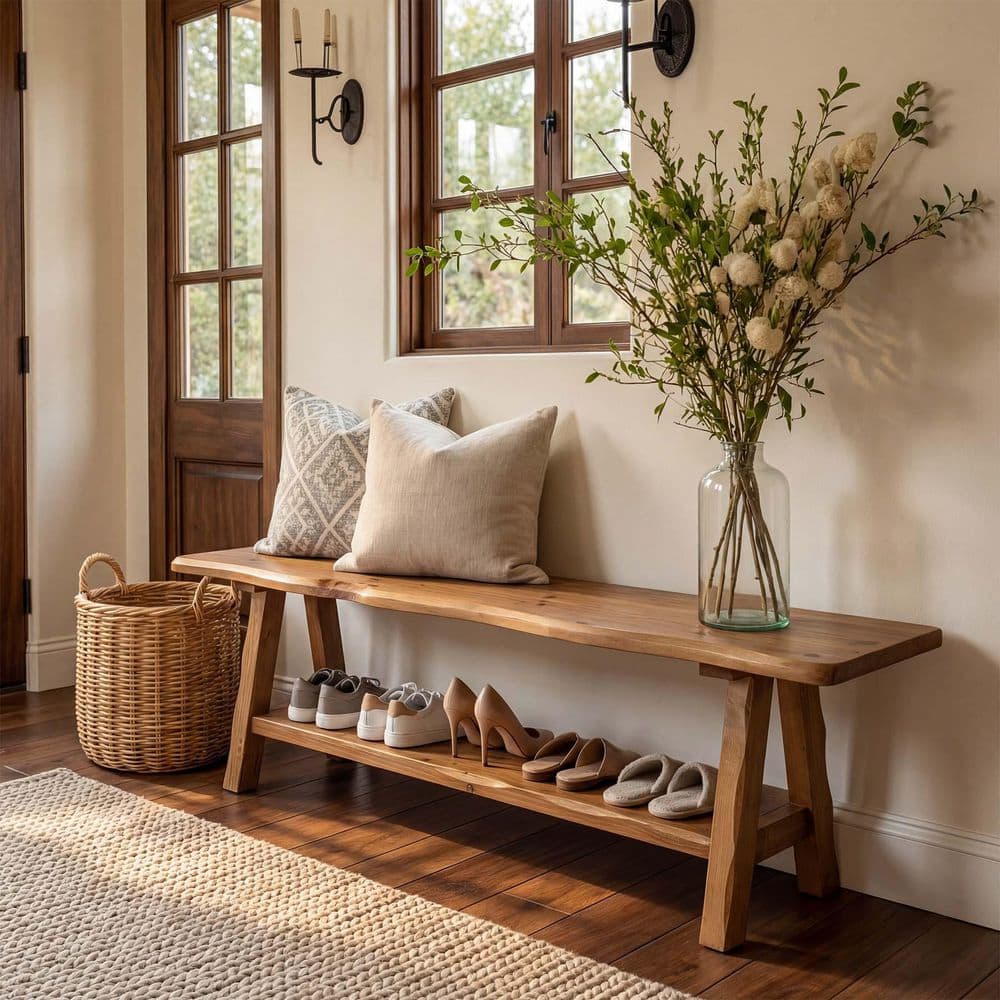 Penvilk 55.1 in. Brown Solid Wood Entryway Bench Backless with 2-Tier, Long End of Bed Bench Dining Seat Bench