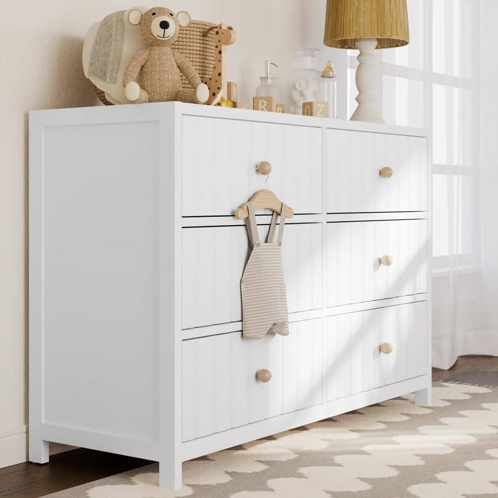 White Wood 6-Drawer Double Nursery Dresser