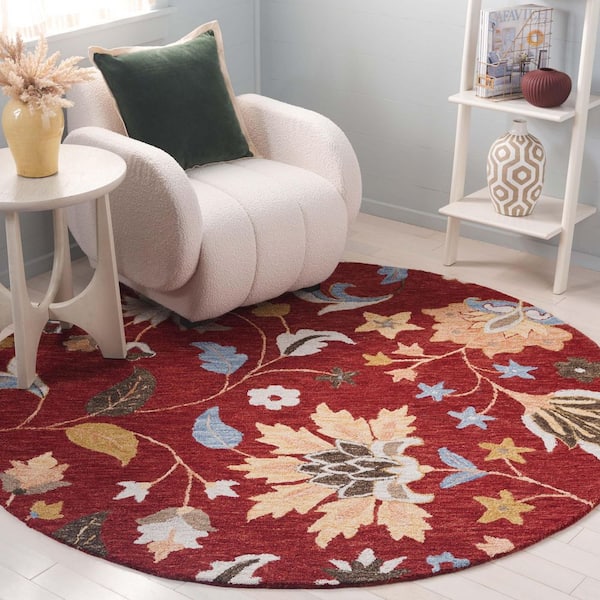Jardin 6 ft. x 6 ft. Red/Orange Leaf Flower Round Area Rug
