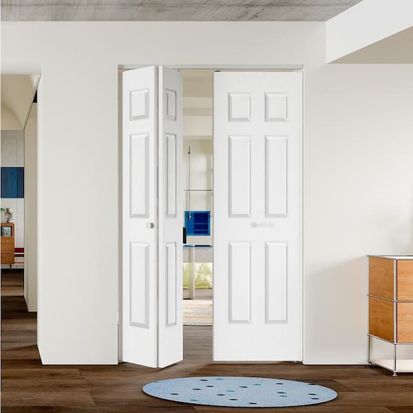 48 in. x 80 in. 6-Panel Textured MDF White Hollow Core Composite DIY Painted Bi-Fold Door with Hardware Kits