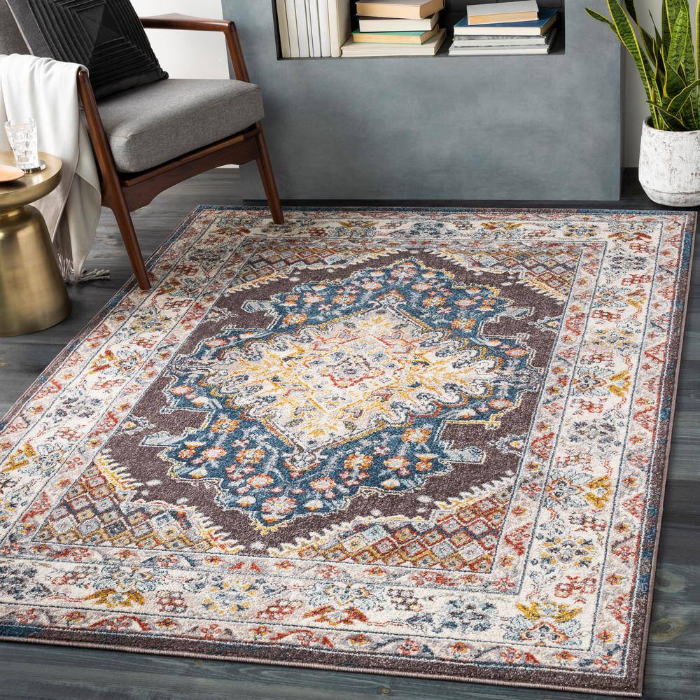 Anja Dark Brown and Multicolor Synthetic Medallion Area Rug