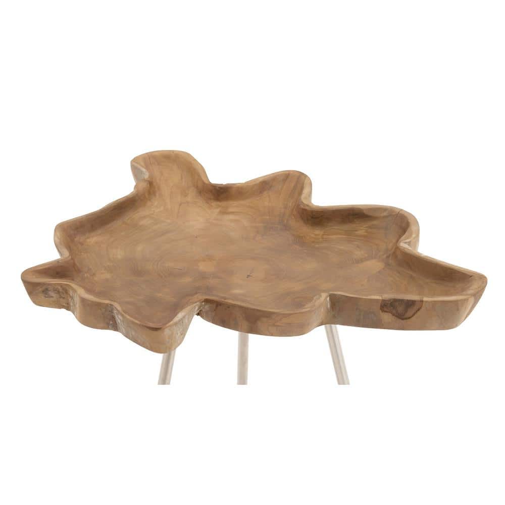 Abstract Teak Wood Accent Table with Silver Metal Legs